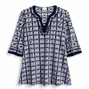J Crew Navy White 100% Cotton Boho Art Teacher Tunic Shirt Small